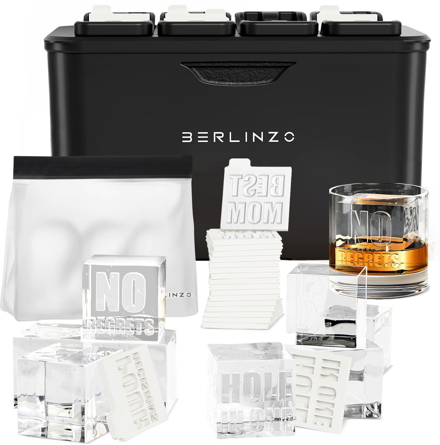 Berlinzo Clear Ice Cube Maker Mold - 8 2.1in Whiskey Squares, Non-Electric