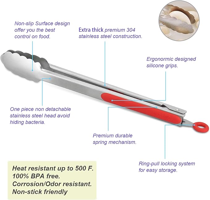 304 Stainless Steel Kitchen Cooking Tongs, 14 & 16 Inch, Set of 2, Red