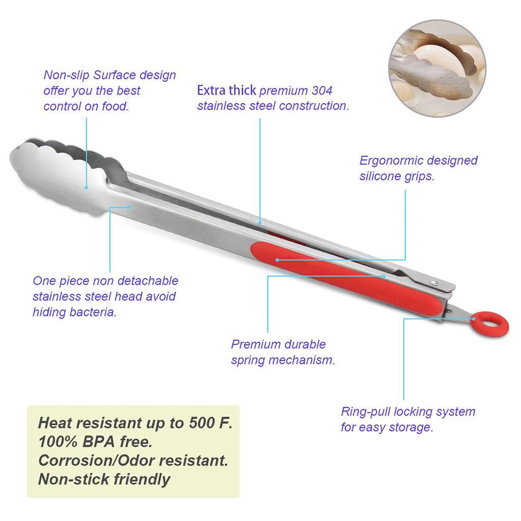 304 Stainless Steel Kitchen Cooking Tongs, 14 & 16 Inch, Set of 2, Red