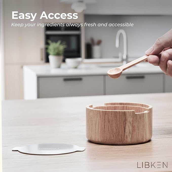 LIBKEN Wooden Salt Box with Stainless Steel Lid & Spoon – Rubberwood Keeper to avoid Dust, Minimal Scandinavian Bowl for Pepper, Spices, Herbs and Salt Storage Container - Wooden