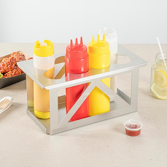 Restaurantware Squeeze Bottle Holder 1 Count Fits 1/3 Size Pan 12.79 x 7.09 x 6.26 Inch Stainless Steel Condiment Bottle Organizer - Durable Kitchen Prep Bottle Rack - Silver