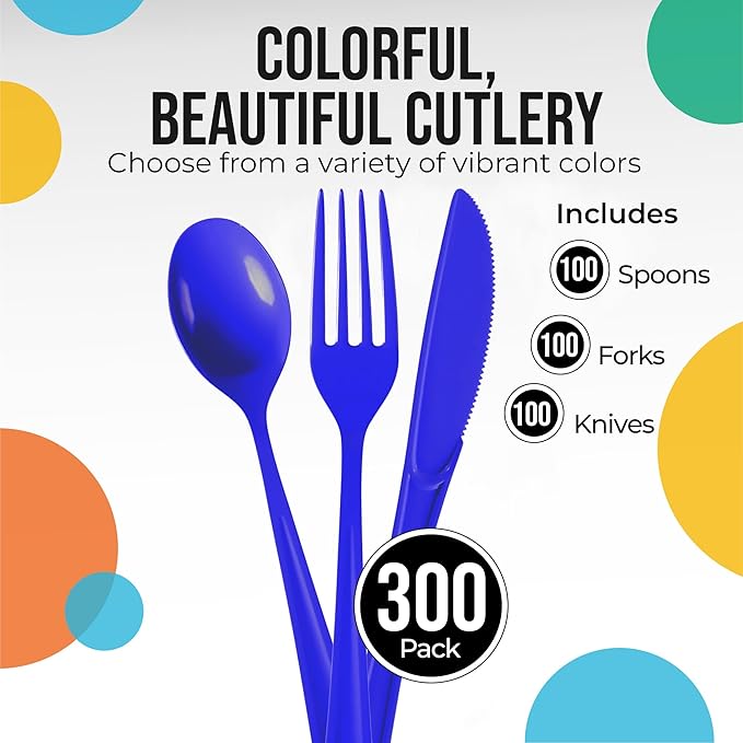 Party Solids Dark Blue Plastic Silverware Heavy Duty 300 Pieces Dark Blue Disposable Silverware Heavy Duty, Utensil Sets, 100 Of Each Forks, Knives & Spoons Disposable Cutlery Set For Party Supplies