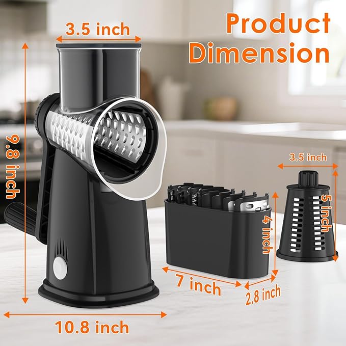 MealHelper 5 Blade Rotary Cheese Grater and Vegetable Chopper with Storage Box and Hand Crank, Compact Shredder for Cheeses, Veggies, Nuts - Easy to Use, Non-slip Suction Base,Black