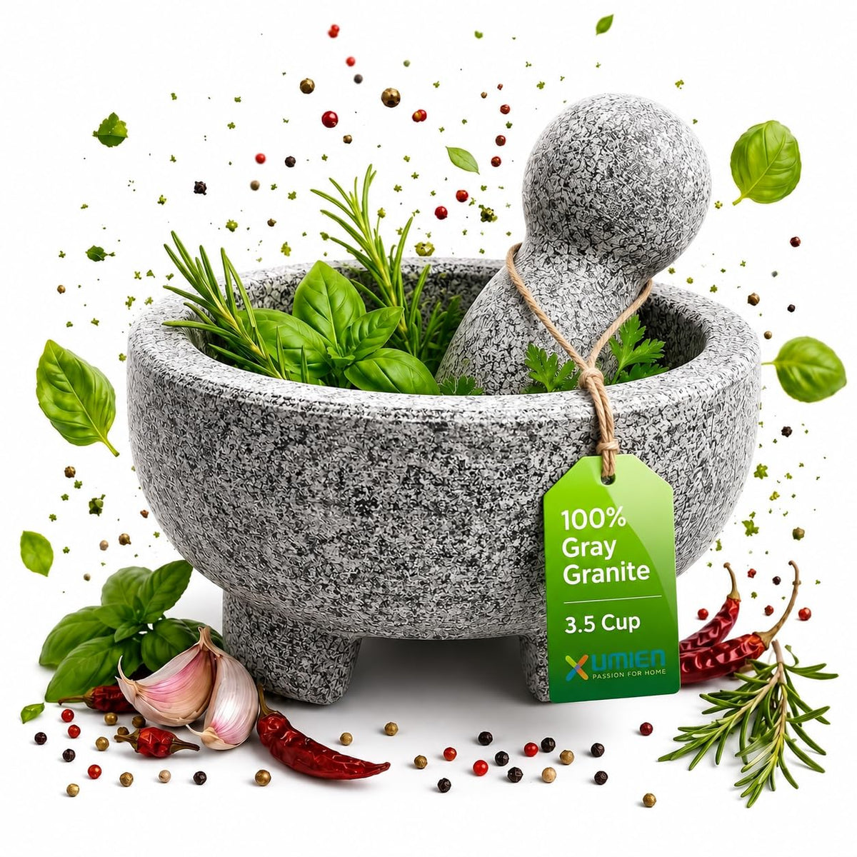 Umien Granite Mortar and Pestle Set 8-Inch (3.5-Cup), Molcajete, Grey