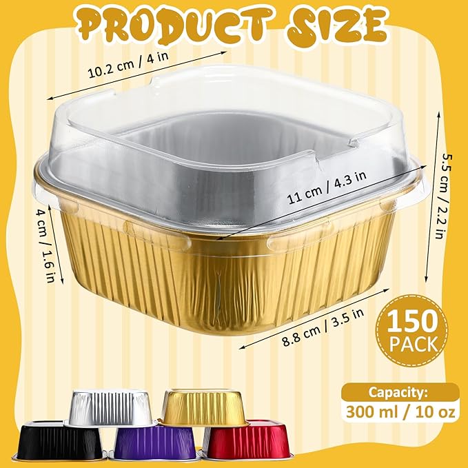Aoriher 150 Pcs 10 oz Mini Cake Pans with Lids Aluminum Foil Baking Cup Disposable Square 4 x 4 Large Baking Tin, Muffin Pan Cheesecake Kitchen Brownie Pudding Desserts Holder(Multicolor)
