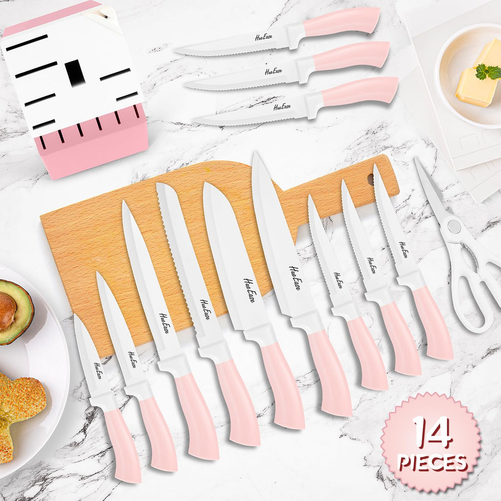 HueEase 14 Pieces Knife Set with Block, Ceramic White Coating, High Carbon Stainless Steel Sharp Blade Block Knife Set, Dishwasher Safe Cutlery, Colliding Pink