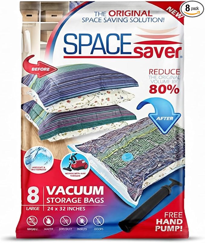 Spacesaver Large Vacuum Storage Bags for Comforters, Blankets & Clothes – Vacuum Sealed Compression Bags with Hand Pump – Space Saver Storage Bags for Bedding, Moving, Travel & Organization (8 Pack)