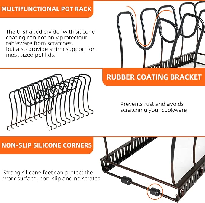 ROOHUA Pot and Pan Lid Organizer Rack for Under Cabinet, 12"-23" Expandable