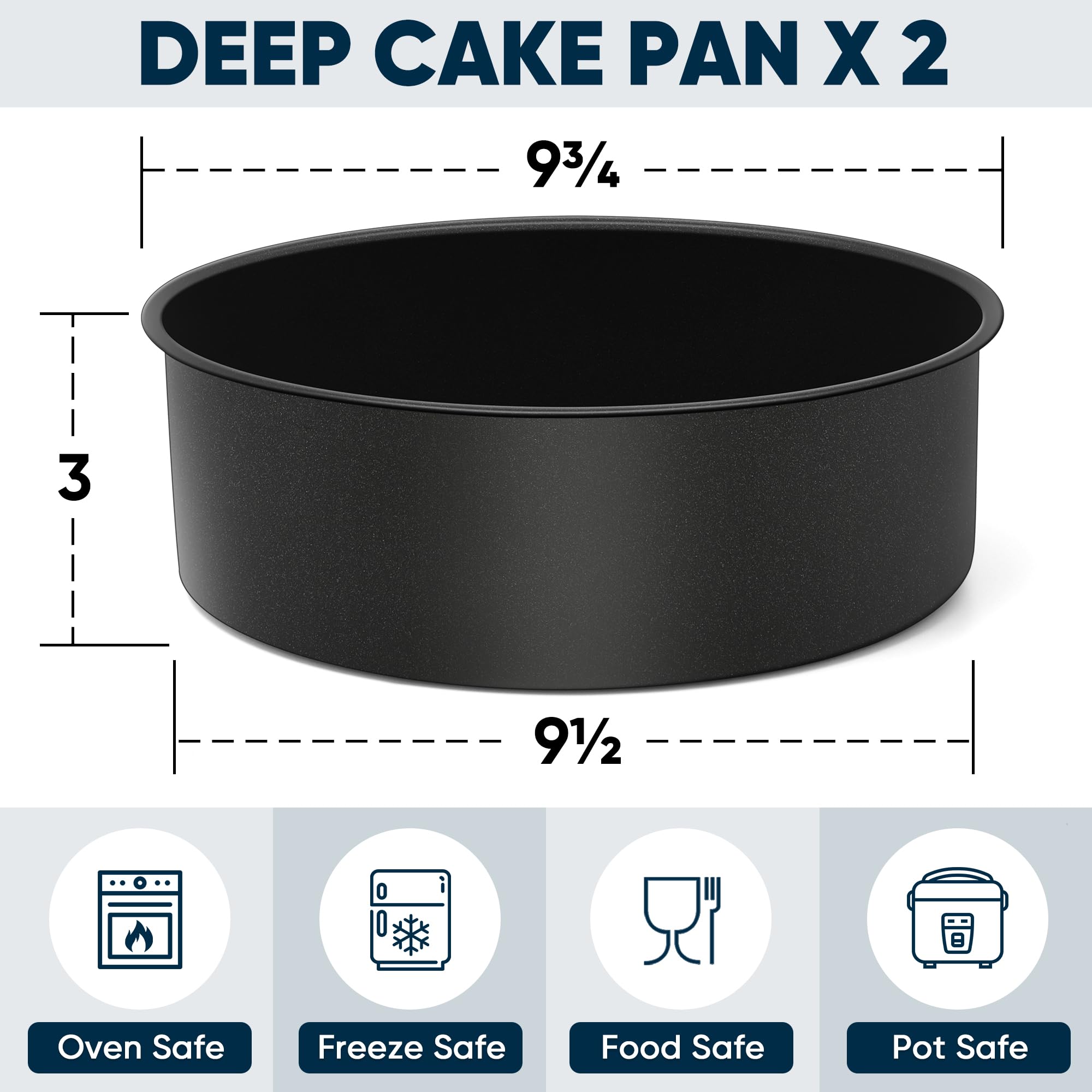 E-far 9½ x 3 Inch Cake Pan Set of 2, Nonstick Stainless Steel Round Cake Pans Tin for Baking Birthday Wedding Layer Cakes, Stainless Steel Core & Non-toxic Coating, Deep & Straight Side