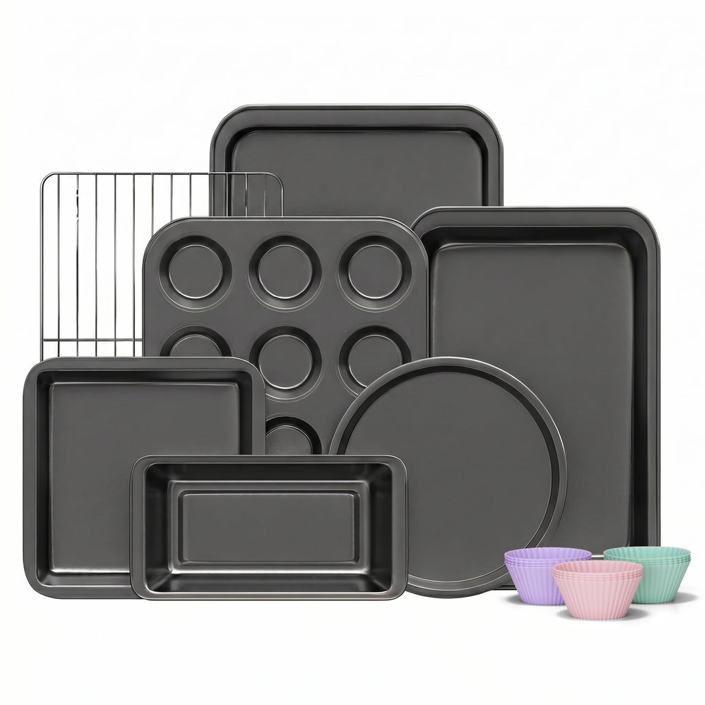 KITESSENSU Compact Baking Pans Sets, Nonstick Bakeware Sets 19-Piece with Round/Square Cake Pan, Loaf Pan, Muffin Pan, Cookie Sheet, Roast Pan, Cooling Rack, Carbon Steel Bake Set