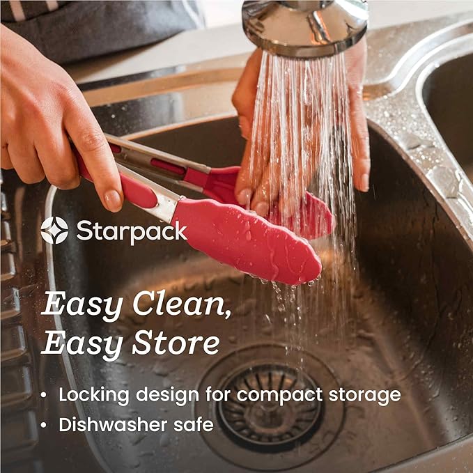 Starpack Get a Grip Silicone Kitchen Tongs (2-Pack, 9" + 12") - LFGB Non Toxic, 600°F Heat Resistant, BPA-Free - Heavy-Duty Stainless Steel, Locking - Dishwasher Safe for Nonstick Cookware
