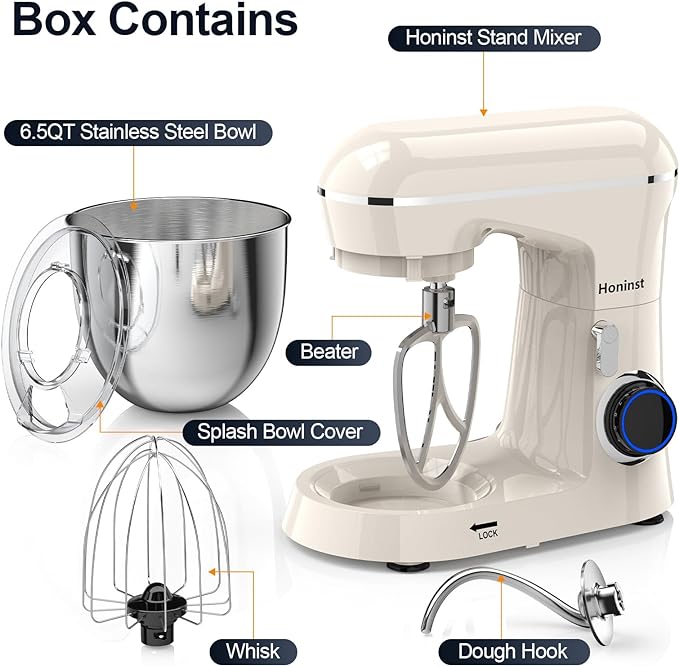 Honinst Stand Mixer, 6.5QT 10-Speed Tilt-Head Electric Stand Mixer, 3-In-1 Kitchen Mixer with Bowl, Dough Hook, Whisk and Beater, Food Mixer for Baking, Cake and Most Home Cooks, Beige