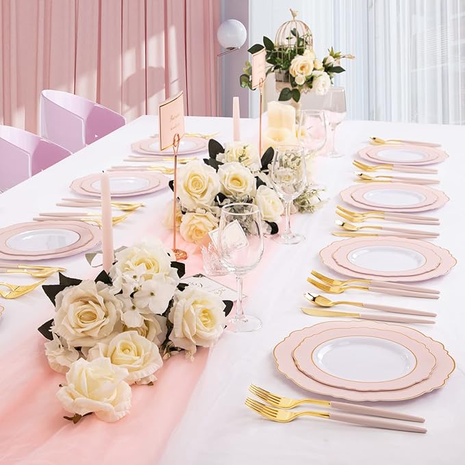 Rubtlamp 90Pcs Gold Plastic Silverware, Fancy Utensils Set With Pink Handles Include 30 Gold Knives, 60Plastic Forks and Spoons, Pink Silverware Heavy Duty For Mother's Day