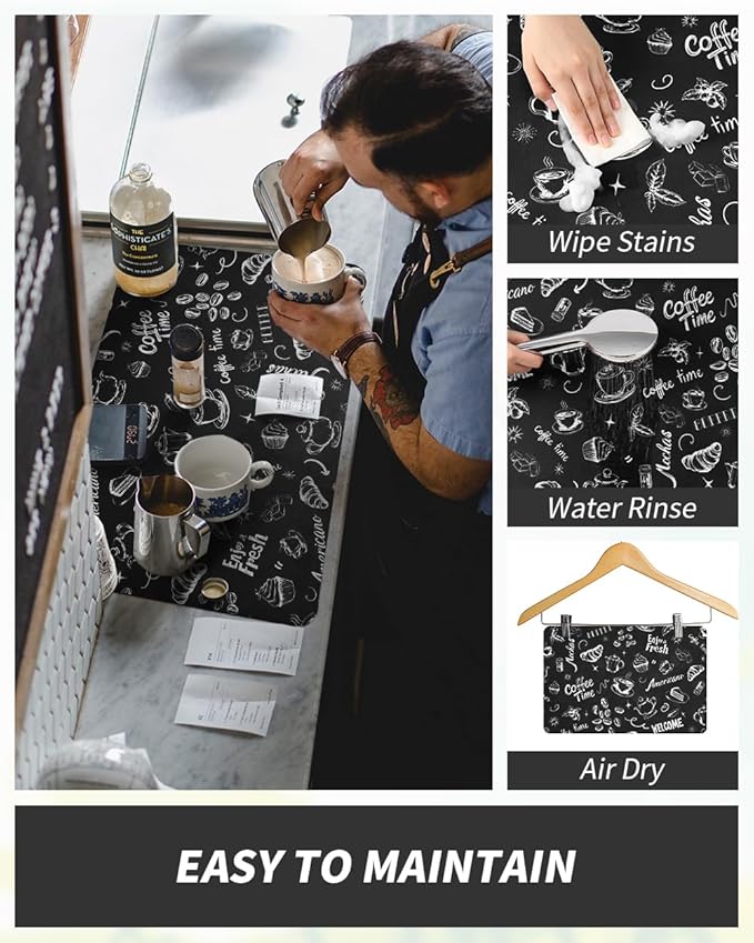 AMOAMI-Coffee Mat Hide Stain Rubber Backed Absorbent Dish Drying Mat for Kitchen Counter-Coffee Bar Accessories Fit Under Coffee Maker, Espresso Machine, Pot, Dish Rack (16X24,INK)