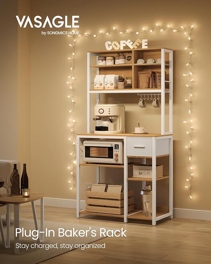 VASAGLE Bakers Rack with Charging Station, Coffee Bar, 15.7 x 31.5 x 71 Inches, Kitchen Microwave Stand, Adjustable Storage Shelves, Fabric Drawer, 12 Hooks, Golden Oak and Cloud White UKKS015Y03