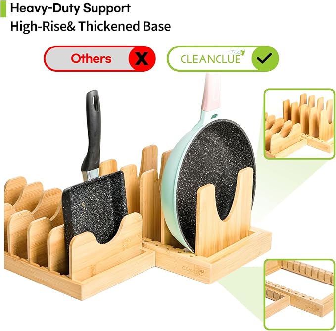 Pots and Pans Organizer under Cabinet Expandable Bamboo Pot Lid Holder Rack