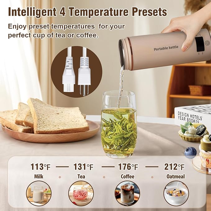 Touxila Portable Electric Kettle for Travel 120V, 13.5oz, 4 Temp Settings