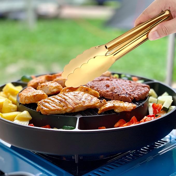 Dimeho 12 Pack Stainless Steel Buffet Tong Gold Serving Tongs 9 Inch Buffet Utensils Heavy Duty Durable Clamps Metal Kitchen Clip for Salad Steak Wedding Party Banquet Gathering