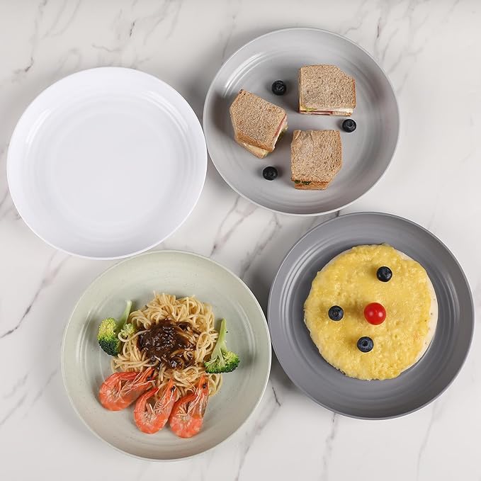 HEYCOME 12 Pcs Unbreakable Deep Dinner Plates Set, 10 inch Reusable Plastic Wheat Straw Plates, Microwave and Dishwasher Safe Plate for Kitchen, Lightweight Plate for Dessert, BPA Free, 4 Colors