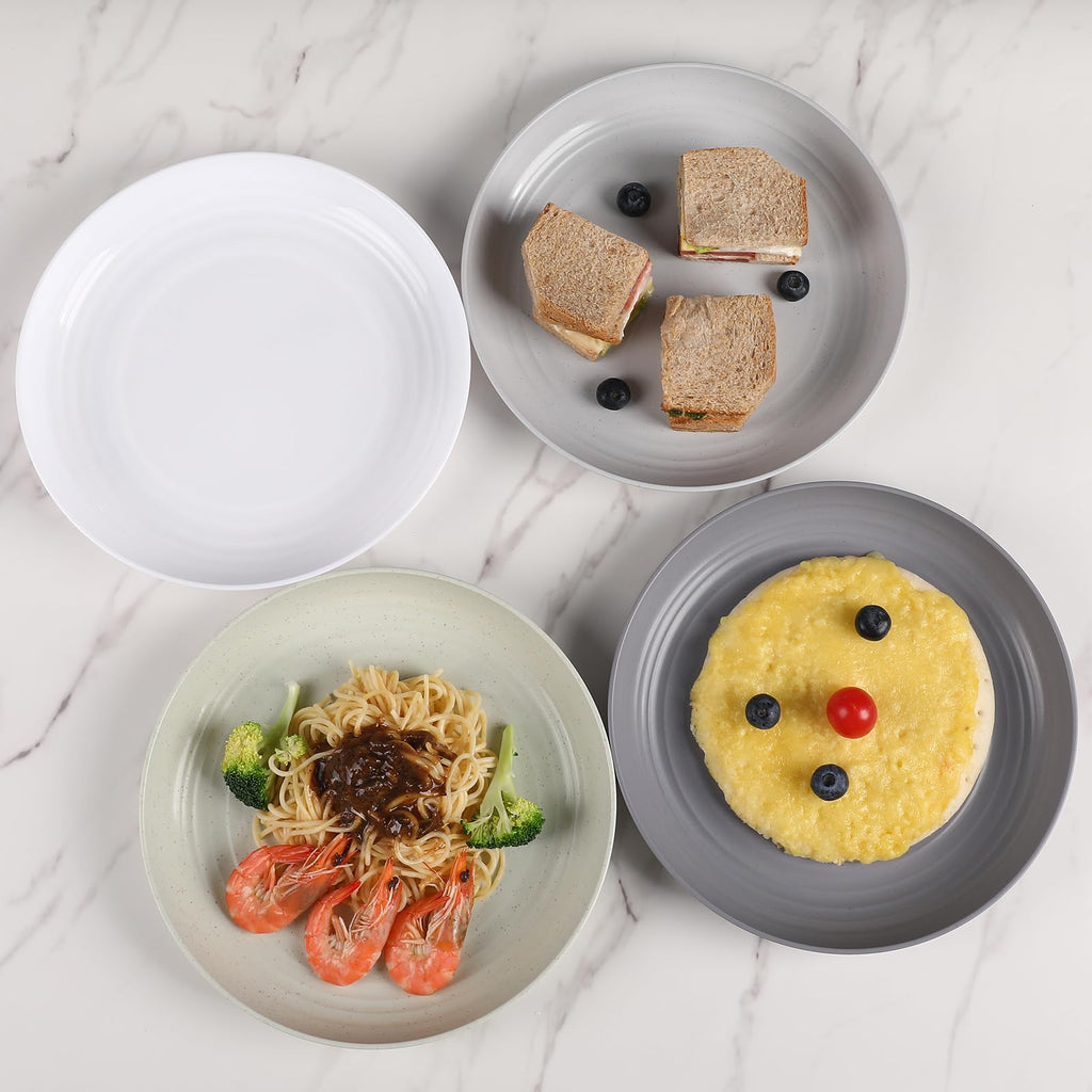 HEYCOME 12 Pcs Unbreakable Deep Dinner Plates Set, 10 inch Reusable Plastic Wheat Straw Plates, Microwave and Dishwasher Safe Plate for Kitchen, Lightweight Plate for Dessert, BPA Free, Beige