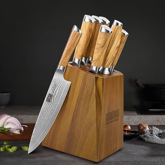 HOSHANHO Damascus Knife Block Set 7PCS, Sharp Kitchen Knives with Sharpener