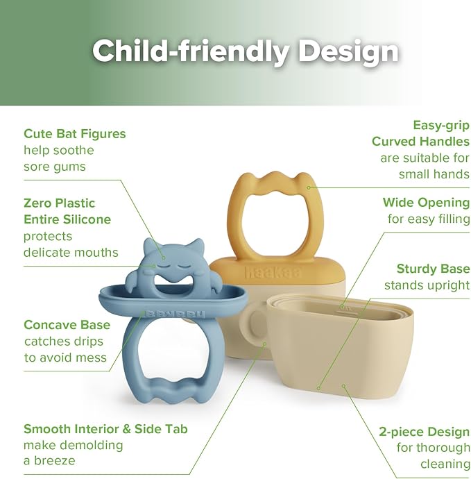Haakaa Breastmilk Popsicle Molds Baby Teething Relief, Frozen Breast Milk & Puree Teether Popsicle Maker, Ice Pop Molds for Infant 6m+, BPA Free Silicone (Sky Blue + Mustard)
