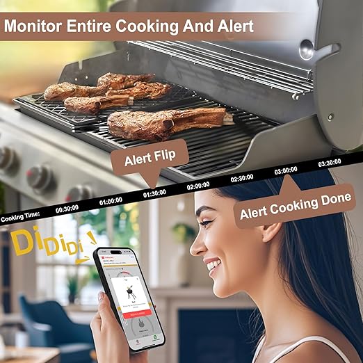 BBQOVN WiFi Sub-1G Wireless Meat Thermometer Unlimited Range, Check Temp Anywhere,7 NIST Certified Sensors with Ambient Temp, Monitor for BBQ, Grill, Oven, Smoker, Air Fryer (Harvest Bamboo)