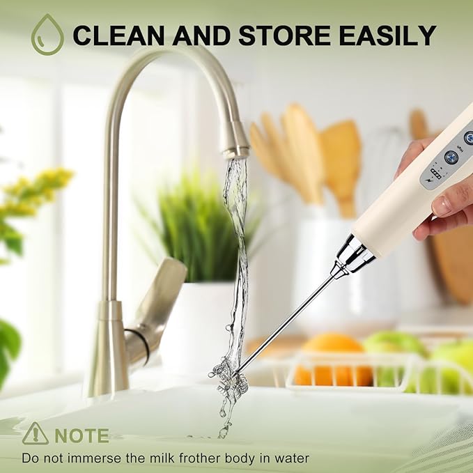 YUSWKO Handheld Milk Frother Wand for Coffee, Rechargeable Electric Whisk with 3 Heads 3 Speeds Drink Mixer Coffee Frother For Latte, Cappuccino, Hot Chocolate, Egg, Beige