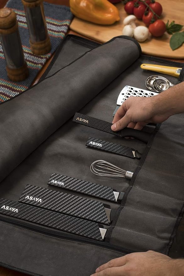Asaya Waxed Canvas Chef Knife Roll Bag with 10 Slots and a Zipper Pocket - Professional Chef Knife Bag & Storage Case, with Shoulder Strap - Knives Not Included (Grey)