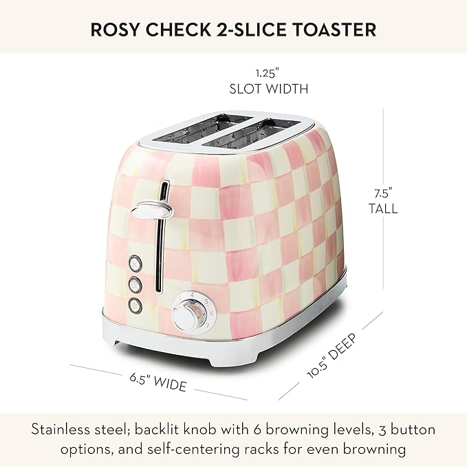 MACKENZIE-CHILDS 2-Slice Toaster, Pink-and-White Rosy Check