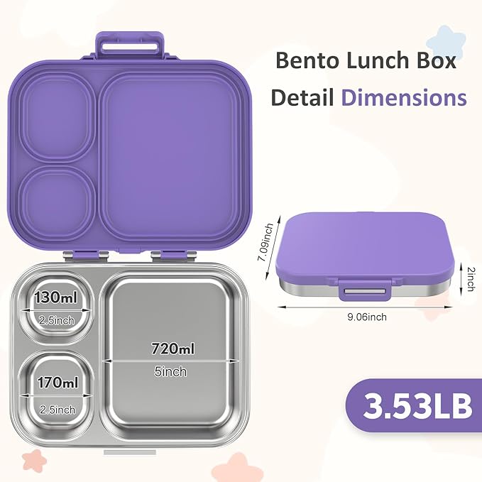 Howeemo Stainless Steel Bento Box Kids, Leak Proof Metal Bento Lunch Box,3 Compartments 304 Stainless Steel Bento Lunch Containers for School and Office,BPA-Free(Purple)