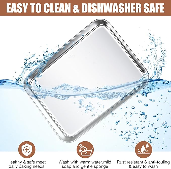 Potchen 3 Pcs Baking Sheet Pan Set Stainless Steel Cookie Sheet Small Toaster Oven Pans Tray Barbecue Grill Pan Rectangle Trays Oven Freezer Bakery, Non-stick, Easy Clean, 9 x 6.7 x 1 Inches
