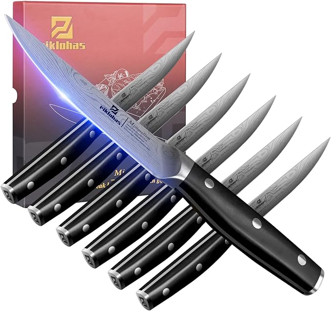 Piklohas Steak Knives Set of 6, 4.6 Inch Non Serrated Dinner Knife, Forged German Steel Damascus Pattern Straight Edge Meat Knife with Full Tang Handle, Dishwasher Safe, Ideal for Gift