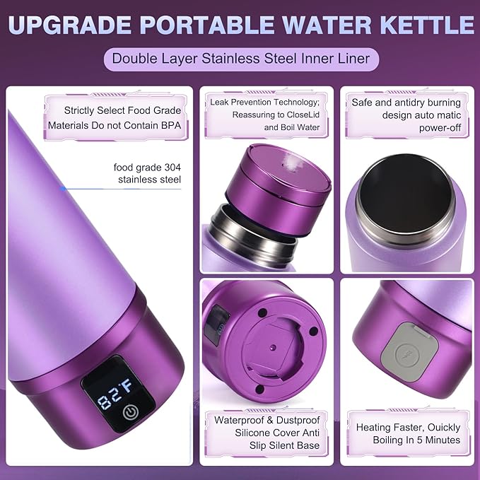 Vacuum Insulated Portable Electric Kettle,Miicasa Stainless Steel Tumbler Small Electric Kettel,Travel Water Boiler with 6 Temperature and Auto Shut-Off Boil Dry,16oz