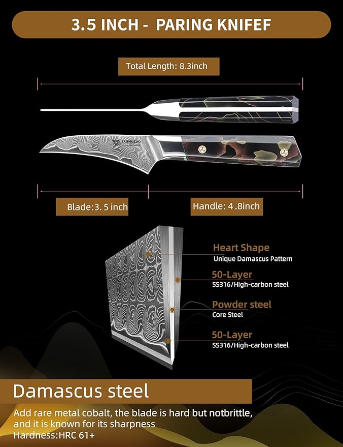 SANMUZUO Bird Beak Paring Knife 3.5 Inch, Professional Kitchen Peeling Knife, Ultra Sharp Damascus Powder Steel with Full-tang Resin Handle, Bi Series