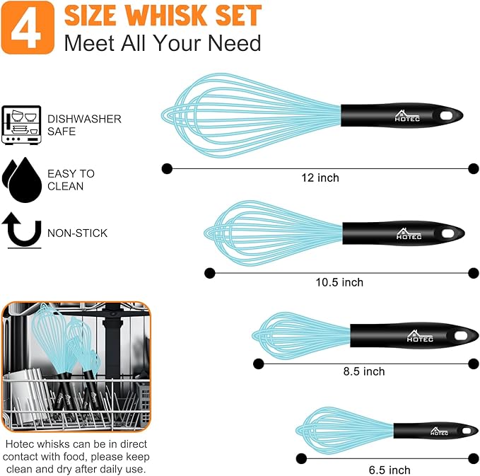 HOTEC 4 Pieces Silicone Whisks Set, Wire Balloon Whisks for cooking Egg Beater, Non-slip Handle Whisk for Non-stick Cookware Perfect for Cooking, Stirring, Beating and Blending,Blue