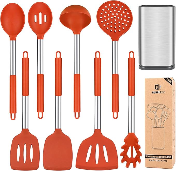 Silicone Cooking Utensils Set, 8 Pcs Kitchen Utensils with Holder, Red