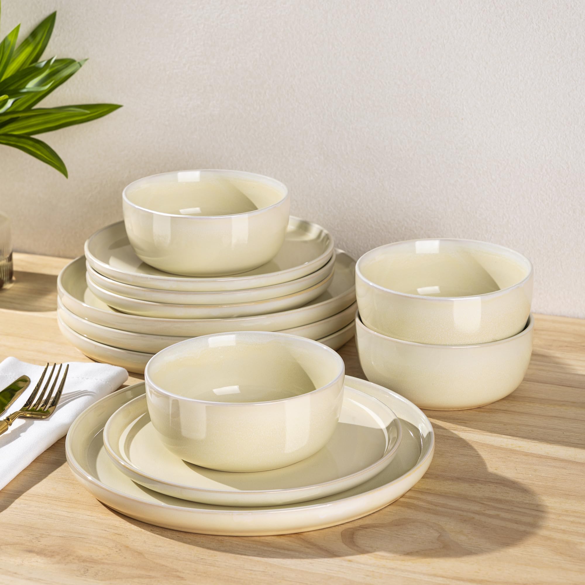 AmorArc Stoneware Dinnerware Sets for 4, 12Pcs Plates and Bowls Sets Dishes