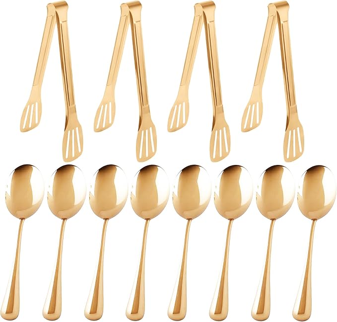 12PCS Gold Serving Utensils Set,Includes 8 large serving spoons,4 serving tongs