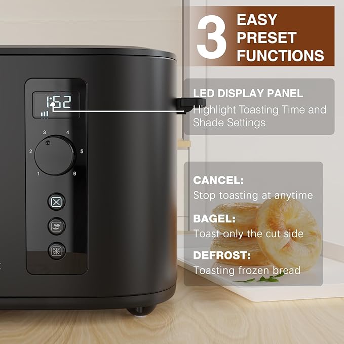 Anfilank Toaster 4 Slice Long Extra Wide Slot 1.5" with Countdown Timer, 6 Browning Settings, Built-in Warming Rack, Bagel/Cancel/Defrost Functions, Removable Crumb Tray-Matteblack