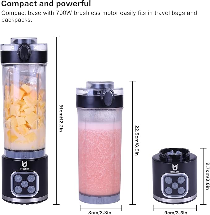 UTALENT Cordless Portable Blender, Ice Crush, 700W Motor, 25oz Cup, 4 Mode