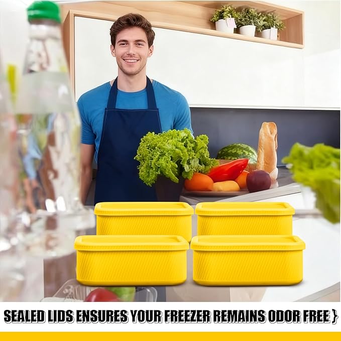 Nuogo 4 Pcs 6 Cup Silicone Freezer Trays with Lid Soup Containers, Yellow