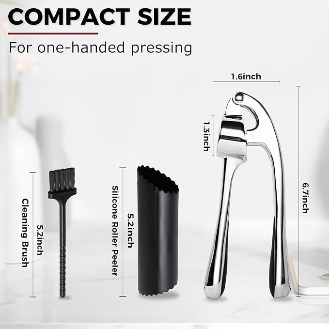 Kitessensu High Effective Premium Garlic Press Set, With Silicone Garlic Peeler & Brush, Heavy Duty Garlic Mincer, Easy to Squeeze and Clean, Rust Proof - Gloss Silver