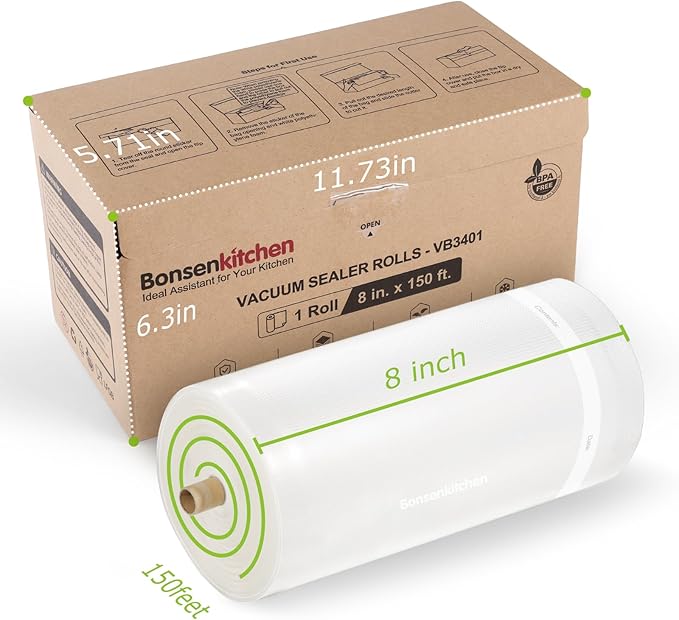 Bonsenkitchen 8” x 150’ Vacuum Sealer Bags Rolls with Cutter for Food