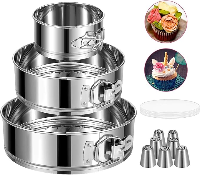 E-Gtong Springform Pan, Stainless Steel Springform Cake Pan, Leakproof & Nonstick Cheesecake Pan, 4" 7" 9" Round Cake Molds with 50 Pcs Paper Liners and 7 Pcs Piping Tips