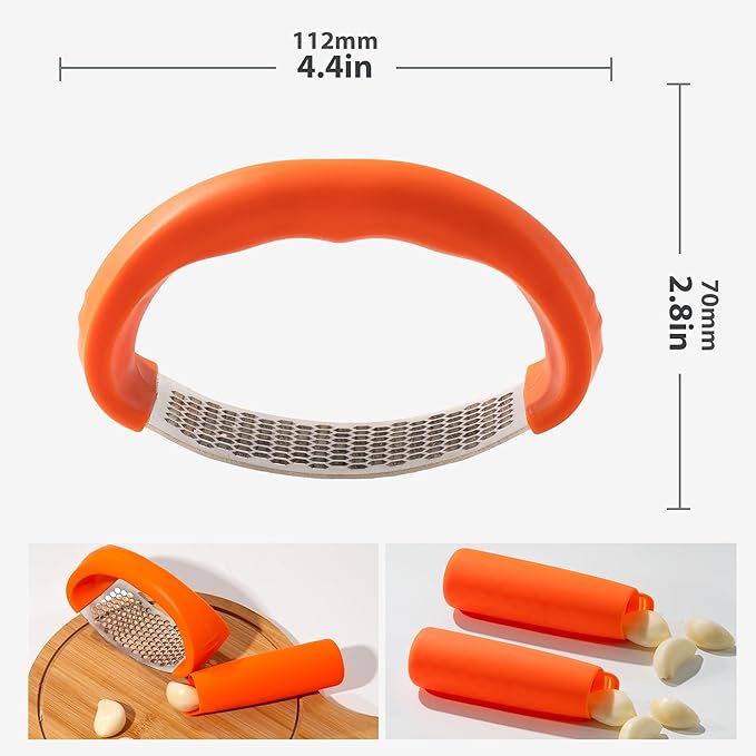 Li&Zhao Stainless Steel Garlic Press Rocker - Garlic Crusher Stainless Steel Garlic Mincer Tool Garlic Rocker with Garlic Peeler Garlic Smasher for Kitchen Cooking(Orange)
