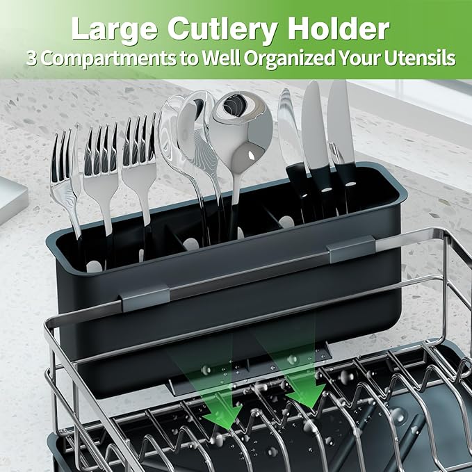 TITIMIO Dish Drying Rack - Space-Saving Dish Rack for Kitchen Counter with Removeable Cutlery Holder,Rustproof & Sturdy Auto-Drain Organizer for Plates,Cups,Knife,Silvery