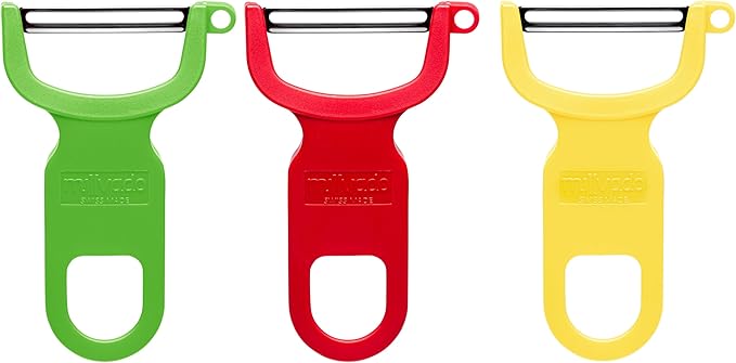Millvado Vegetable Peeler, Swiss Made Sharp Peelers for Kitchen, Set of 3, Y Peeler for Potatoes, Vegetables, Fruits, Carbon Blade, 4.25 Inches, Green, Red, Yellow, M-5101-G-R-Y