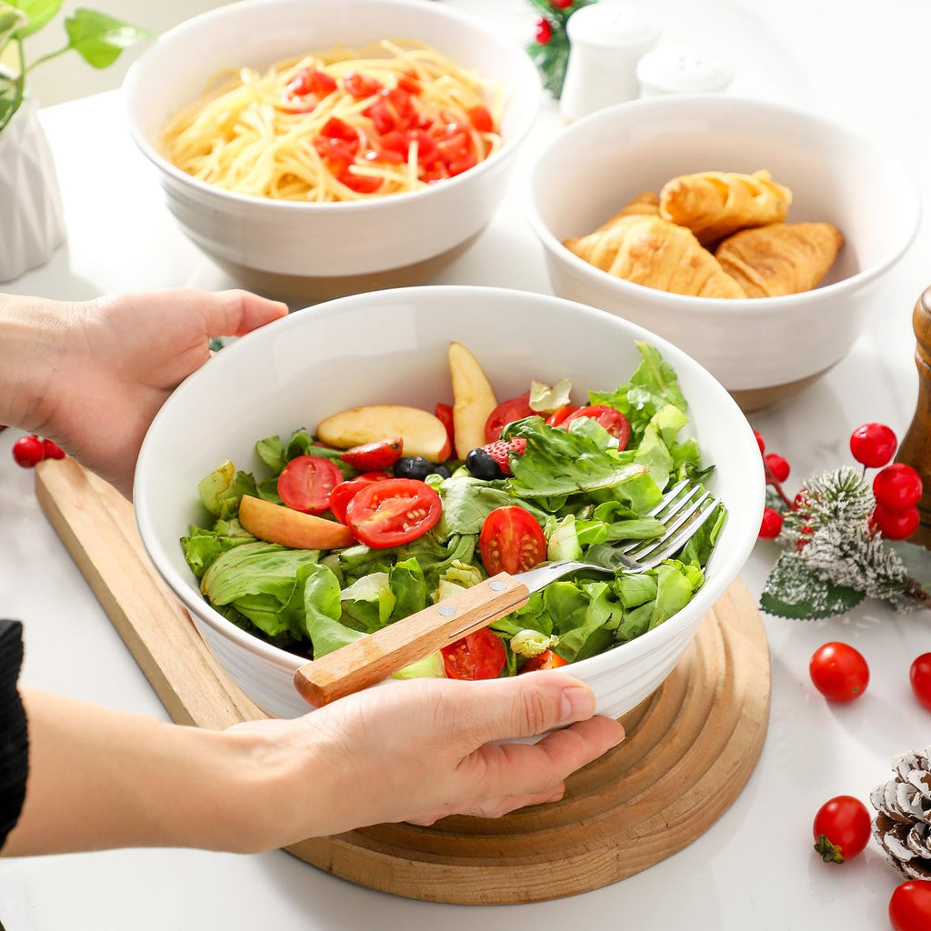 HASENSE Mixing Bowls, Large Ceramic Salad Bowls 2.1/1.5/1.0 Qt, Versatile Serving Bowls for Cooking, Baking, Salad Mixing, Prepping, Nesting White Bowl Set, Dishwasher Safe, Set of 3