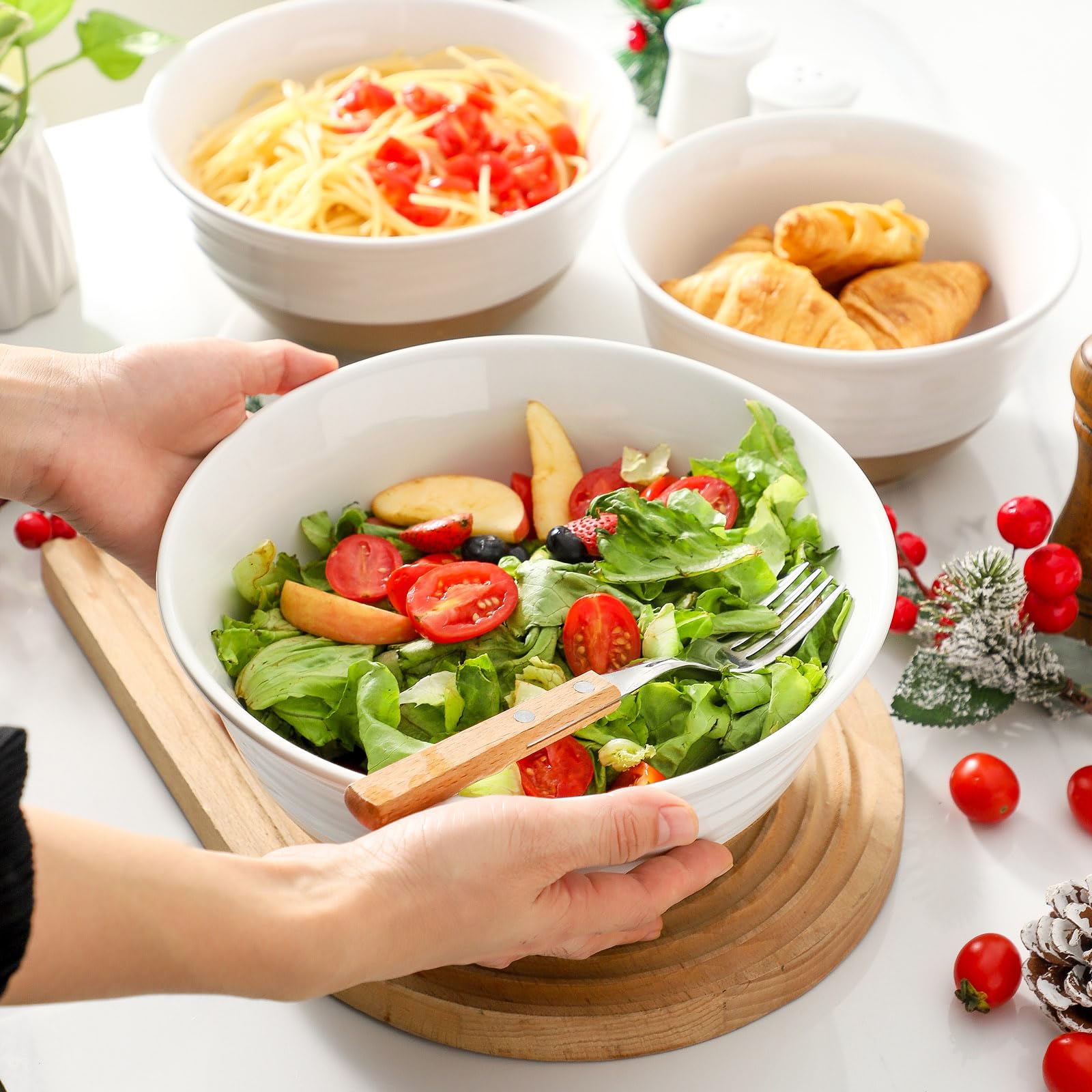 HASENSE Mixing Bowls, Large Ceramic Salad Bowls 2.1/1.5/1.0 Qt, Versatile Serving Bowls for Cooking, Baking, Salad Mixing, Prepping, Nesting White Bowl Set, Dishwasher Safe, Set of 3